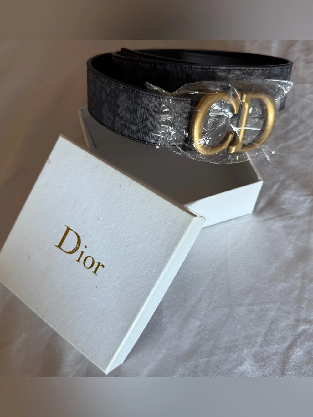 CD-Style Black Leather Belt with Gold Buckle Logo 42” Across 107 cm New